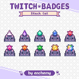 May include: A collection of pixel art Twitch badges. Each badge features a black cat wearing a gem-topped hat. The badges are in shades of grey and purple, with gems in various colours. Text reads "TWITCH BADGES" and "Black Cat".