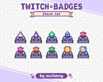 Black Cat Faces with Gems Pixel Art Sub/Bit Badges for Twitch (Digital Download)