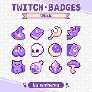 May include: A set of 12 purple and white pixel art Twitch badges with a witch theme. The badges include a witch's hat, a book, a wand, a bat, a heart, a skull, a crescent moon, a tarot card, a cat, a potion bottle, a crystal, and a mushroom.