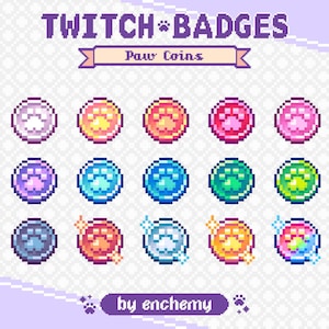 Pode incluir: Um conjunto de 15 emblemas Twitch com pegadas de patas em várias cores, incluindo roxo, azul, verde, rosa, laranja e amarelo. Os emblemas são projetados em estilo pixelado e são rotulados como "Paw Coins".