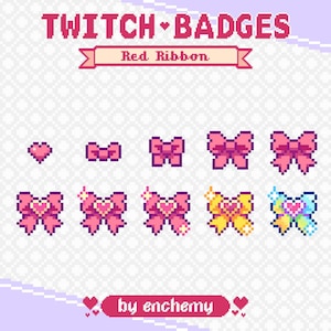 Puede incluir: Conjunto de insignias de Twitch en pixel art, con lazos y corazones rosas. El texto "TWITCH BADGES" y "Red Ribbon" se muestran en la parte superior. El nombre del artista, "by enchemy", aparece en la parte inferior.