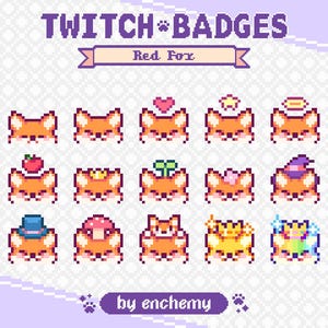 Op de afbeelding: Een verzameling pixel art Twitch-badges met rode vossen met verschillende accessoires. De badges tonen vossen met harten, kronen en hoeden. De tekst "TWITCH BADGES" en "Red Fox" staan bovenaan.