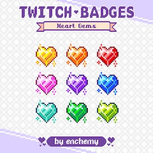 Sparkling Heart Gem Sub Badges for Twitch, Love Heart Jewel Crystal Gemstone Pixel Bit Badges, Premade Pixel Art for Your Streaming Channel