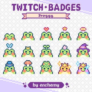 Cute Frog Sub Badges for Twitch, Kawaii Froggy Heads with Hat Crown, Green Toad Pixel Art Bit Badges, Premade Streaming Assets