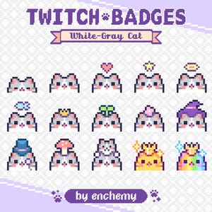Gray and White Cat Face Sub Badges for Twitch, Pixel Art Bit Badges, White-Gray Cute Kitty Cat Head, Kawaii Kitten, Premade Streaming Assets