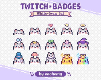 White-Gray Cat Faces with Hats Pixel Art Sub/Bit Badges for Twitch (Digital Download)