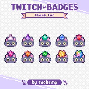 Peut inclure: Un ensemble de dix badges Twitch en pixel art représentant des têtes de chat noir aux grands yeux jaunes. Chaque chat porte un cristal ou une gemme en forme d'étoile de couleur différente, incluant blanc, violet, turquoise, bleu, rouge, rose, orange, vert, jaune et arc-en-ciel.