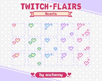 Pixel Art Heart Badge Flairs for Twitch in Yellow, Green, Blue, Purple and Pink (Digital Download)