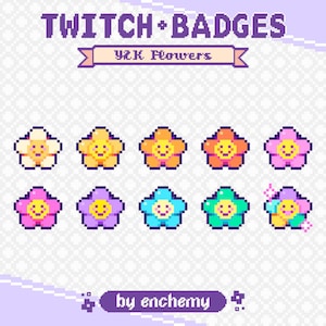 Puede incluir: Un conjunto de insignias de flores pixeladas en amarillo, naranja, rosa, morado y azul. El texto "TWITCH + BADGES" y "Y2K Flowers" se muestran en la parte superior, con "by enchemy" en la parte inferior. Las flores tienen caras sonrientes.