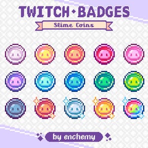 Puede incluir: Una colección de insignias de Twitch en pixel art titulada Slime Coins por enchemy. El conjunto presenta quince iconos de monedas circulares en varios colores, incluyendo tonos de rosa, azul, verde y naranja, con algunas monedas que muestran estrellas.