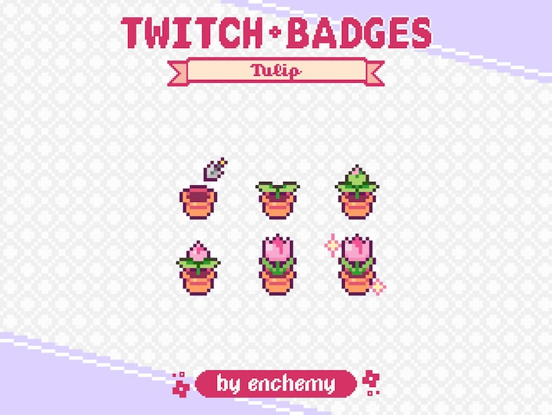 Op de afbeelding: Set van zes Twitch-badges met een tulpenplant in verschillende groeistadia. De badges zijn gepixeld en hebben een lichtbruine pot, groene bladeren en roze bloemen. De tekst "Tulip" wordt boven de badges weergegeven. De tekst "by enchemy" wordt onder de badges weergegeven.