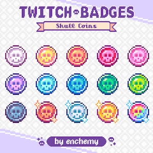 Op de afbeelding: Een set van 15 Twitch-badges met pixel art-schedelmunten in verschillende kleuren, waaronder paars, roze, blauw, groen, geel en oranje. De badges hebben een glanzend effect en zijn gelabeld met "Skull Coins".