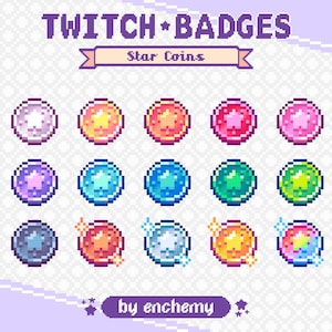 May include: A set of 15 pixel art Twitch badges featuring different colored stars with a white outline. The badges are labeled "Star Coins" and are designed by "enchemy".