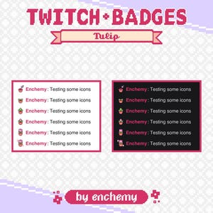 Op de afbeelding: Een set van zes Twitch-chatbadges met een roze tulp in een pot. De badges zijn ontworpen voor gebruik op het Twitch-platform en zijn gelabeld "Enchemy: Testen van enkele pictogrammen".