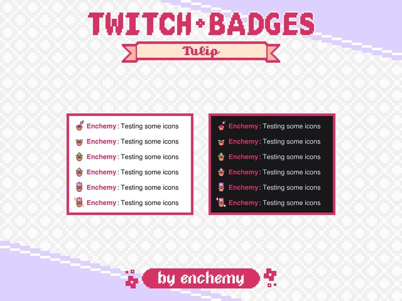 Op de afbeelding: Een set van zes Twitch-chatbadges met een roze tulp in een pot. De badges zijn ontworpen voor gebruik op het Twitch-platform en zijn gelabeld "Enchemy: Testen van enkele pictogrammen".