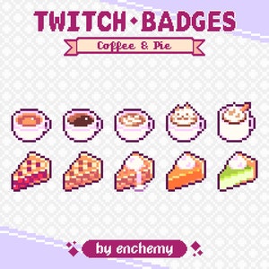 Odznaki Kawa i Kawałek Ciasta dla Twitch, Herbata Kawa i Gorąca Czekolada Napój, Odznaki Bit Pixel Art, Kawałki Ciasta, Gotowe Zasoby Streamingowe