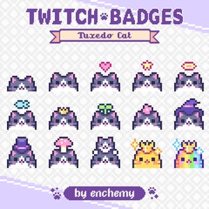 Tuxedo Cat Face Sub Badges for Twitch, Pixel Art Bit Badges, Cute Black White Kitty Cat Heads, Kawaii Kitten, Premade Streaming Assets