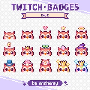 Puede incluir: Insignias de Twitch en pixel art con búhos en varios diseños. Las insignias son en tonos rosa, naranja y amarillo, con diferentes accesorios como coronas, sombreros y corazones. Se muestra el texto "TWITCH BADGES" y "Owl".