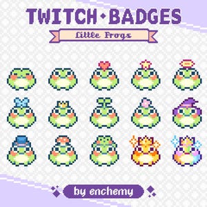 Cute Little Frogs Sub Badges for Twitch, Kawaii Tiny Froggies with Hats Crown, Green Toad Pixel Art Bit Badges, Premade Streaming Assets