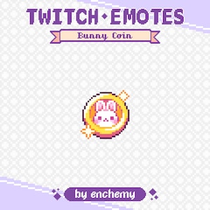 Könnte beinhalten: Ein pixelbasiertes Twitch-Emote-Design mit einer niedlichen Hasenmünze. Das Design umfasst eine goldene Münze mit einem weißen Hasengesicht, umgeben von einem rosa und gelben Rand. Der Text "TWITCH EMOTES" und "Bunny Coin" wird angezeigt.