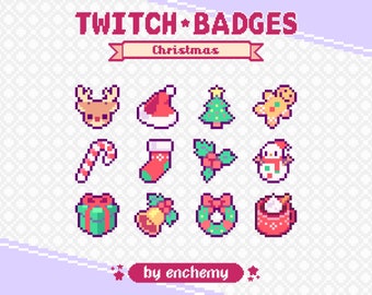 May include: A collection of pixelated Christmas-themed Twitch badges. The badges include a reindeer, Santa hat, Christmas tree, gingerbread man, candy cane, stocking, holly, snowman, gift, bell, wreath, and a mug of hot cocoa. Text reads "TWITCH BADGES Christmas by enchemy."