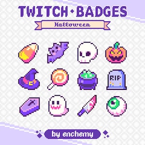 Puede incluir: Un conjunto de 12 insignias de Twitch de arte de píxeles con temas de Halloween. Las insignias incluyen un maíz dulce, un murciélago, una calavera, una calabaza, un sombrero de bruja, una piruleta, un caldero, una lápida, un ataúd, un fantasma, un cuchillo y un ojo. Las insignias son de varios colores, incluidos el morado, el rosa, el verde, el naranja y el amarillo. El texto "TWITCH BADGES Halloween" está en la parte superior de la imagen. El texto "by enchemy" está en la parte inferior de la imagen.
