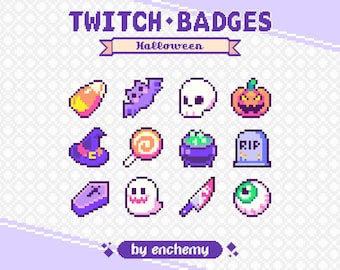 May include: A set of 12 pixel art Twitch badges featuring Halloween themes. The badges include a candy corn, bat, skull, pumpkin, witch hat, lollipop, cauldron, tombstone, coffin, ghost, knife, and eye. The badges are in a variety of colors, including purple, pink, green, orange, and yellow. The text "TWITCH BADGES Halloween" is at the top of the image. The text "by enchemy" is at the bottom of the image.