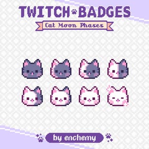 Peut inclure: Un ensemble de huit badges pixel art en forme de chat intitulés Twitch Badges Cat Moon Phases by enchemy. Les icônes représentent des chats dans diverses nuances de violet, gris et blanc, illustrant une transition du sombre au clair.