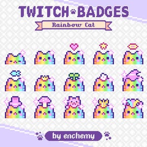 Insignias de subtítulos/bits de pixel art con caras de gato arcoíris y sombreros para Twitch (descarga digital)