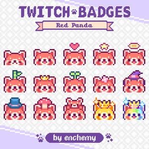 May include: A collection of pixel art Twitch badges featuring red pandas with various accessories. The badges include pandas with hearts, halos, crowns, and hats. The text "TWITCH BADGES" and "Red Panda" are displayed at the top.