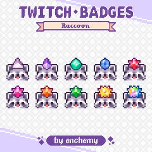 Könnte beinhalten: Pixel-Art-Twitch-Badges mit Waschbären, die verschiedene Edelstein-Stirnbänder tragen. Der Text "TWITCH BADGES" und "Raccoon" ist oben zu sehen, mit dem Namen des Künstlers "by enchemy" unten.