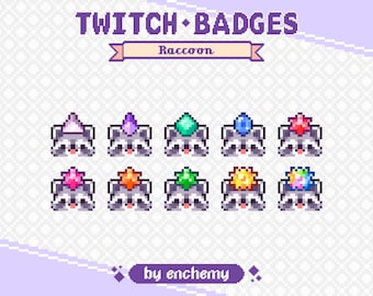 Raccoon Faces with Gems Pixel Art Sub/Bit Badges for Twitch (Digital Download)