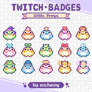 May include: A collection of fifteen pixel art frog icons arranged in three rows. The text TWITCH BADGES Little Frogs is at the top, and by enchemy is at the bottom. Each frog features distinct accessories like hats, crowns, and flowers in various colors.