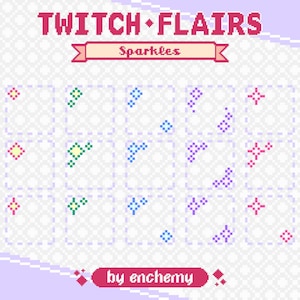 Pixel Glitter Sparkle Badge Flairs for Twitch in Yellow, Green, Blue, Purple and Pink, Premade Pixel Art for Your Streaming Channel