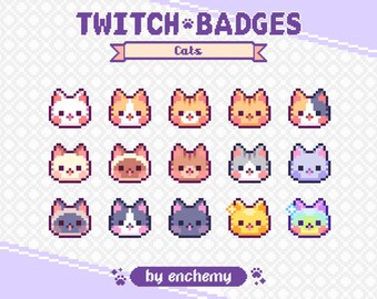 Cat Face Sub Badges for Twitch, Pixel Art Bit Badges, Cute Kitty Cat Heads, Kawaii Kitten, Feline Pet, Premade Streaming Assets