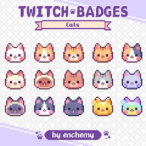 Puede incluir: Un conjunto de insignias de gatos pixelados en varios colores y diseños. El texto "TWITCH BADGES" y "Cats" se muestra en la parte superior. El nombre del artista, "by enchemy", está en la parte inferior.