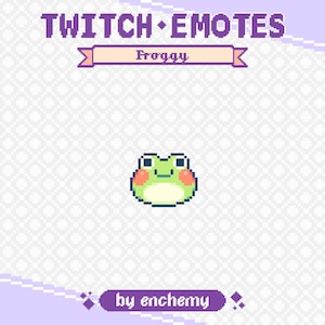 Op de afbeelding: Een gepixelde groene kikker-emote met een lichtgroen lichaam, roze wangen en een blauwe omtrek. De tekst "TWITCH • EMOTES" staat boven de kikker, met "Froggy" in een banner. De tekst "by enchemy" staat eronder.