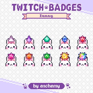 May include: Pixel art Twitch badges featuring bunny characters with gem-topped hats in various colours. The text "TWITCH BADGES" and "Bunny" are displayed above the badges. The artist's name, "by enchemy", is at the bottom.