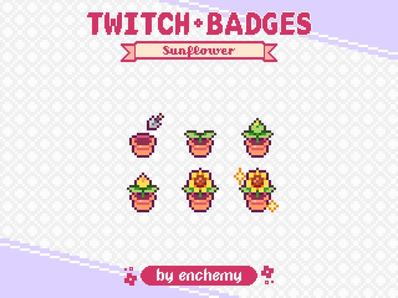 May include: A set of six Twitch badges featuring a sunflower growing in a pot. The badges show the sunflower at different stages of growth, from a seed to a fully bloomed flower. The badges are designed in a pixel art style and are perfect for use on Twitch.