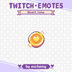 Könnte beinhalten: Pixelgoldmünze mit einem Herz in der Mitte, beschriftet mit "Heart Coin" in einem Banner. Der Text "TWITCH • EMOTES" steht über der Münze und "by enchemy" darunter. Der Hintergrund ist ein hellviolettes und weißes Muster.