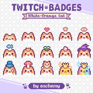 May include: A set of 12 Twitch chat badges featuring a white and orange cat with different accessories, such as a crown, a hat, a mushroom, and a rainbow. The text "Twitch Badges" and "White-Orange Cat" is at the top of the image. The text "by enchemy" is at the bottom of the image.