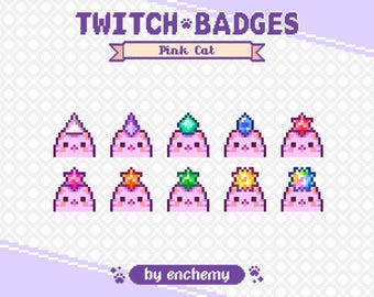 Pink Cat Faces with Gems Pixel Art Sub/Bit Badges for Twitch (Digital Download)