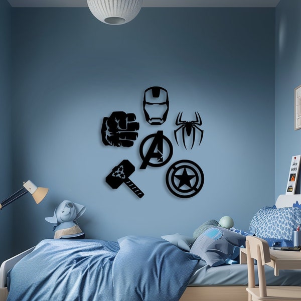 Conjunto de 6 figuras de madeira dos Vingadores da Marvel para decoração de parede, ideal para quarto infantil: Hulk | Thor | Homem-Aranha | Homem de Ferro | Capitão América