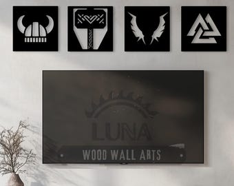 Viking Wall Art Set: Norse Mythology Wooden Decor - Mjolnir, Valknut, Odin