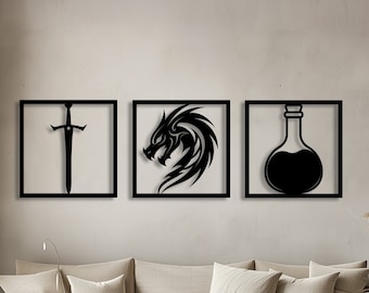 Dragon, Sword, Potion Wood Wall Art: Fantasy Gamer Decor