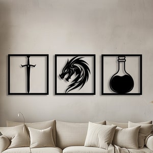 Dragon, Sword, Potion Wood Wall Art: Fantasy Gamer Decor