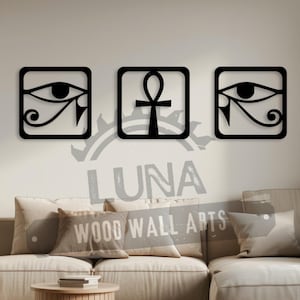 ANKH, Eye of Ra, Eye of Horus Wall Art Set, Ancient Egyptian Symbolic Decor, Spiritual & Mystical Wood Wall Art for Home or Meditation Space