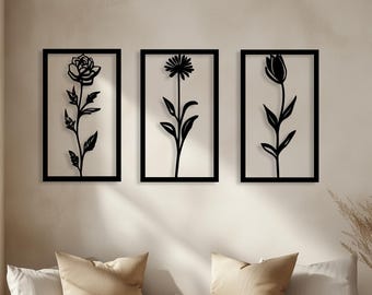 Minimalist Wooden Floral Wall Decor Set: Rose, Daisy, Tulip
