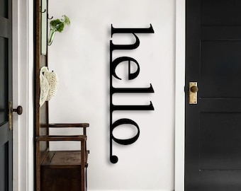 Wood Hello Sign: Modern Vertical Front Door Decor