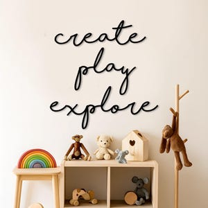 Create Play Explore Wooden Wall Art – Wooden Nursery Playroom Decor – Kids Room Motivational Quote Sign